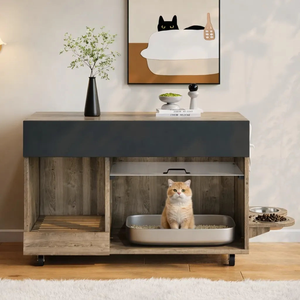 Meuble litière à chat - Design bois multifonctionnel