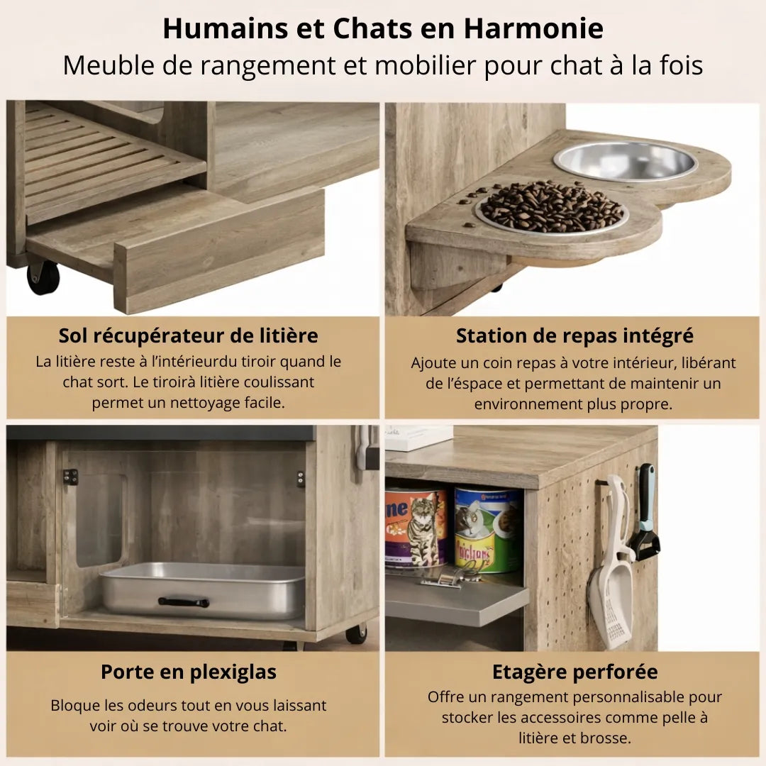 Meuble litière à chat - Design bois multifonctionnel