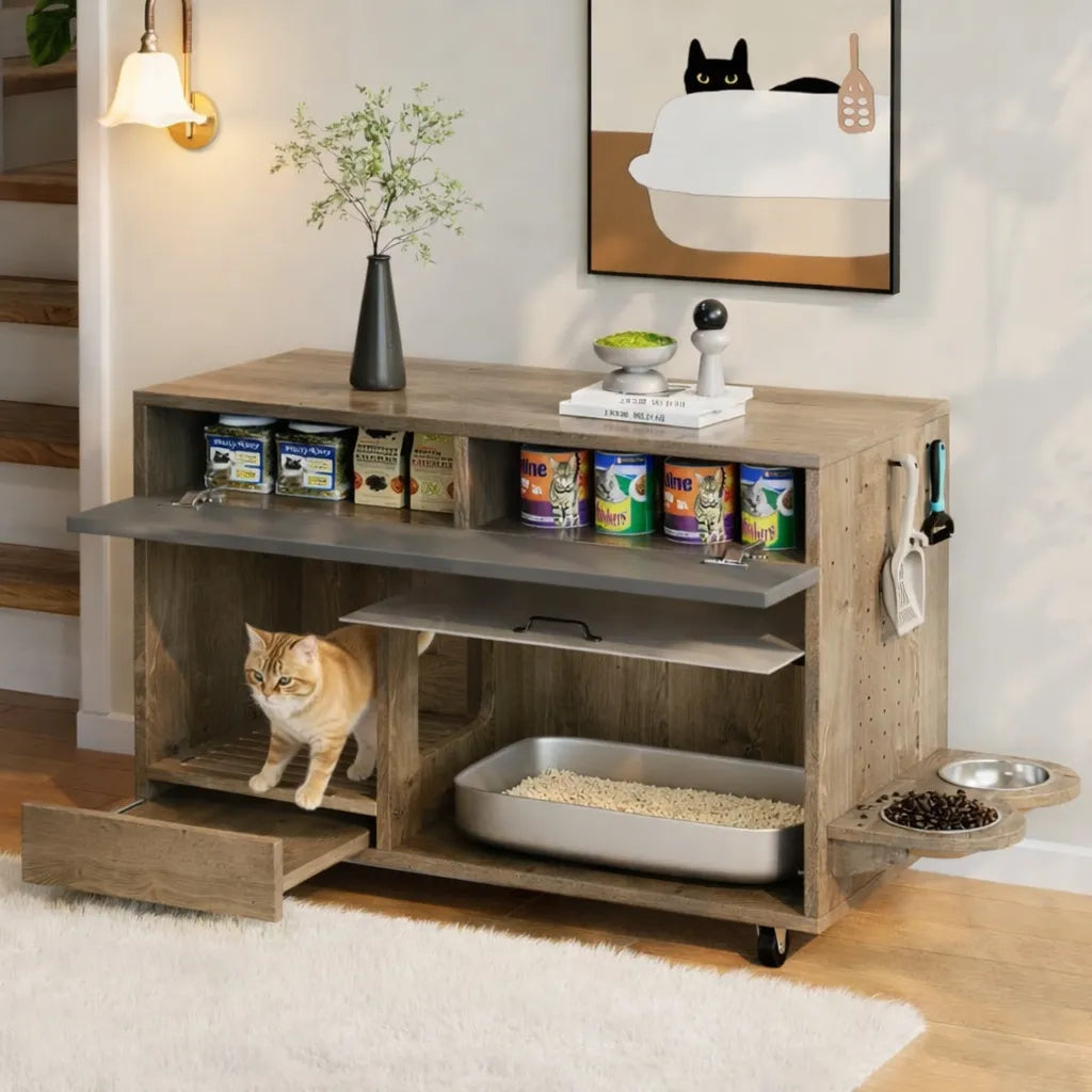 Meuble litière à chat - Design bois multifonctionnel