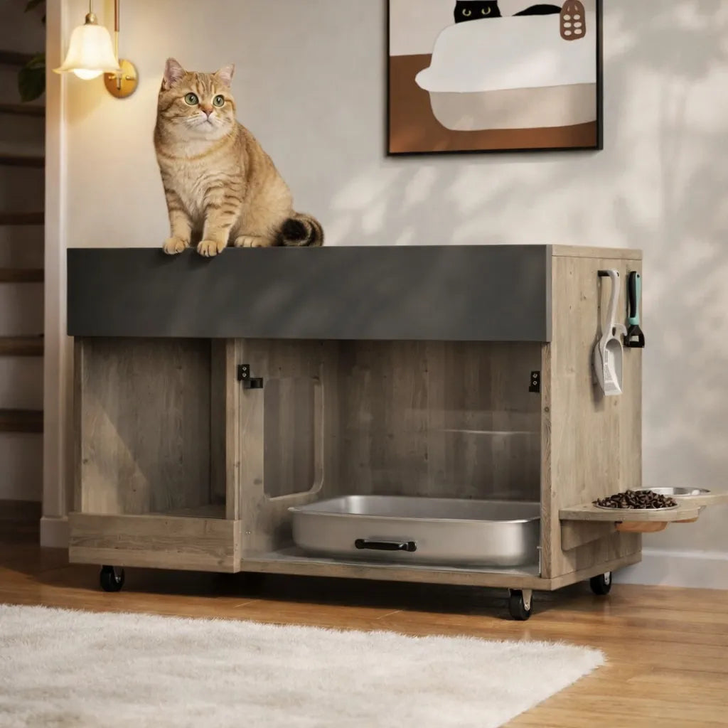 Meuble litière à chat - Design bois multifonctionnel