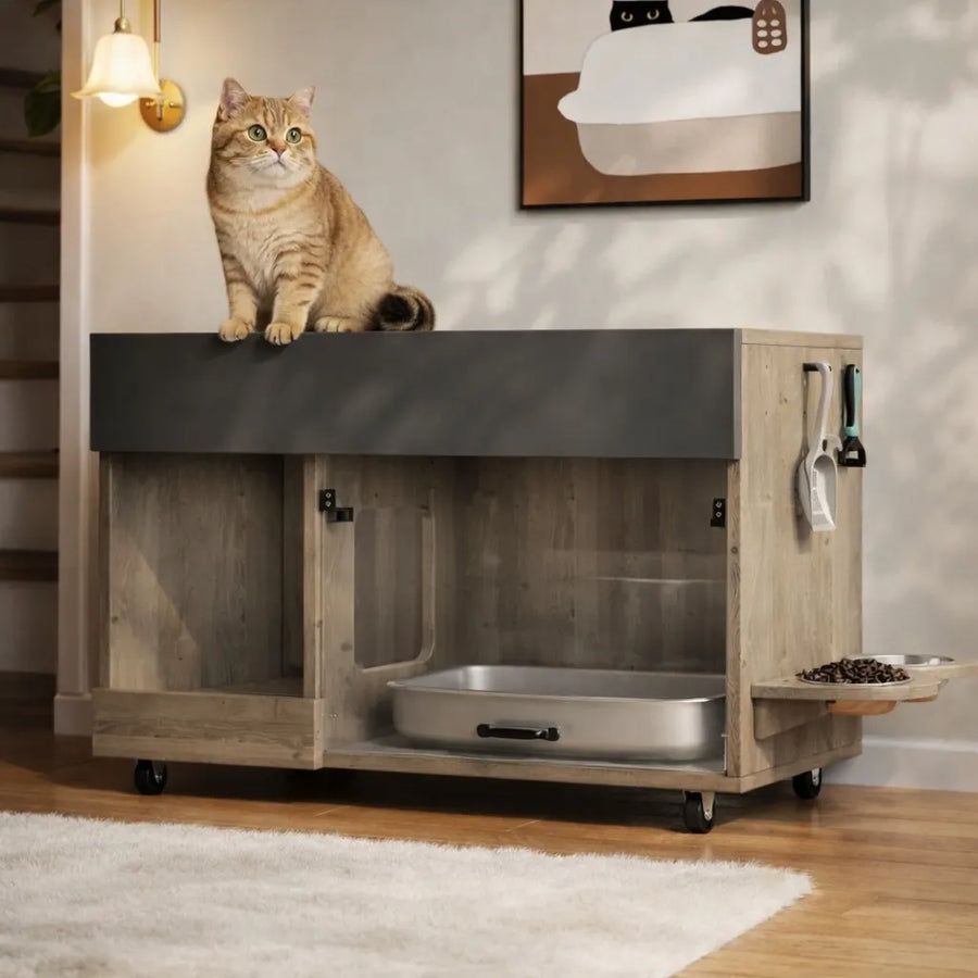 Meuble litière à chat - Design bois multifonctionnel