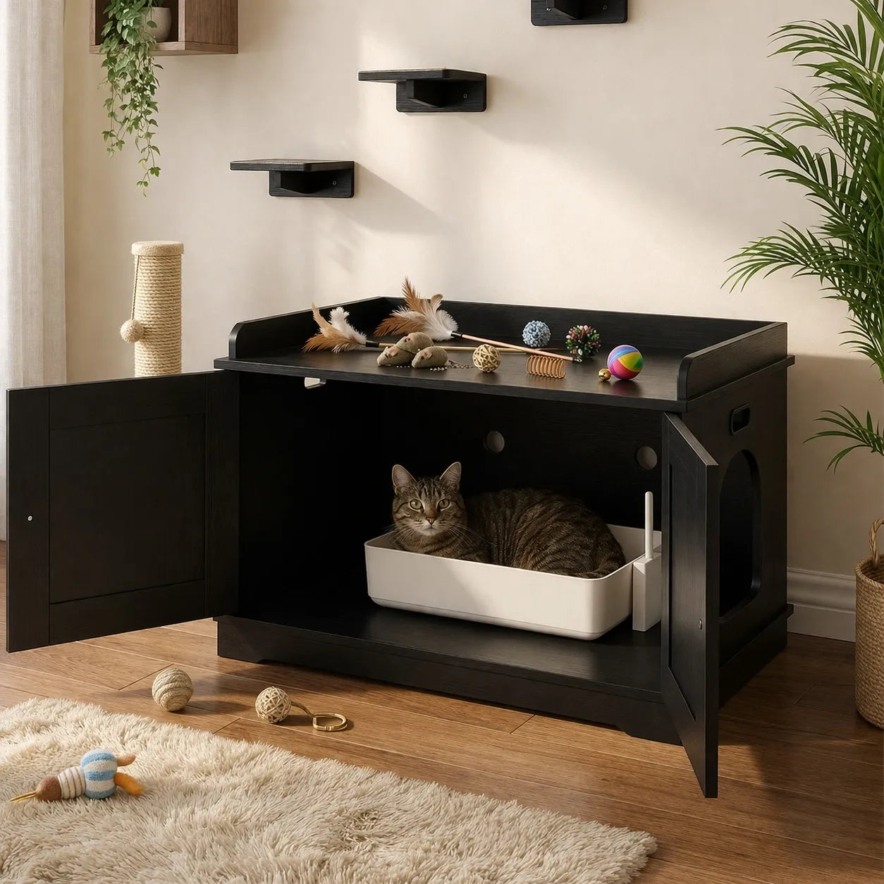 Meuble litière chat bois - Armoire Bois Dissimulée pour Chat