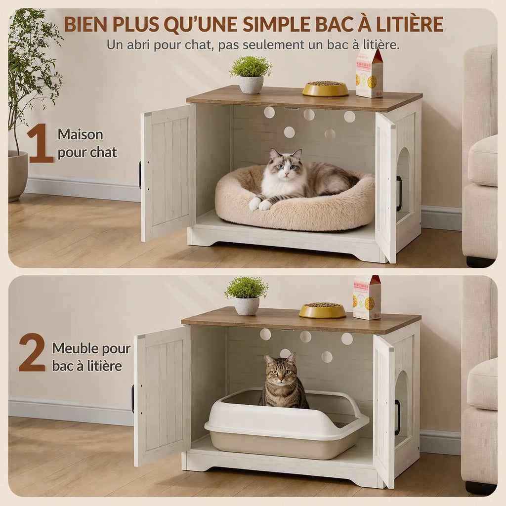 Meuble pour cacher litière - Design élégant et multifonctionnel