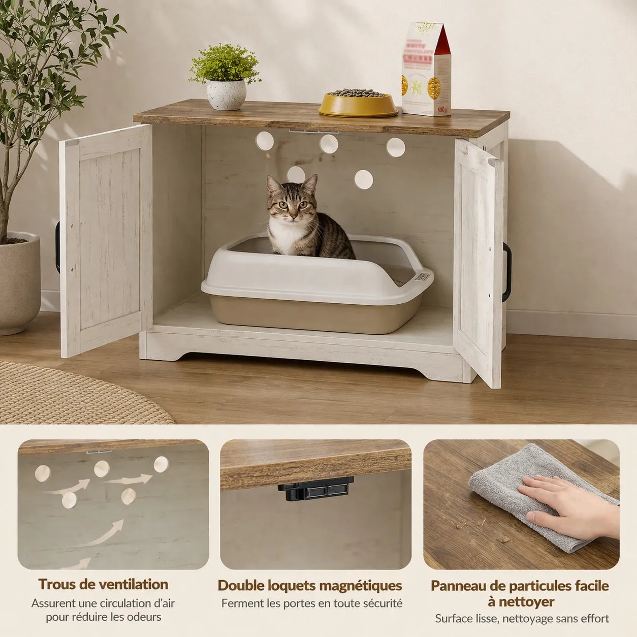 Meuble pour cacher litière - Design élégant et multifonctionnel