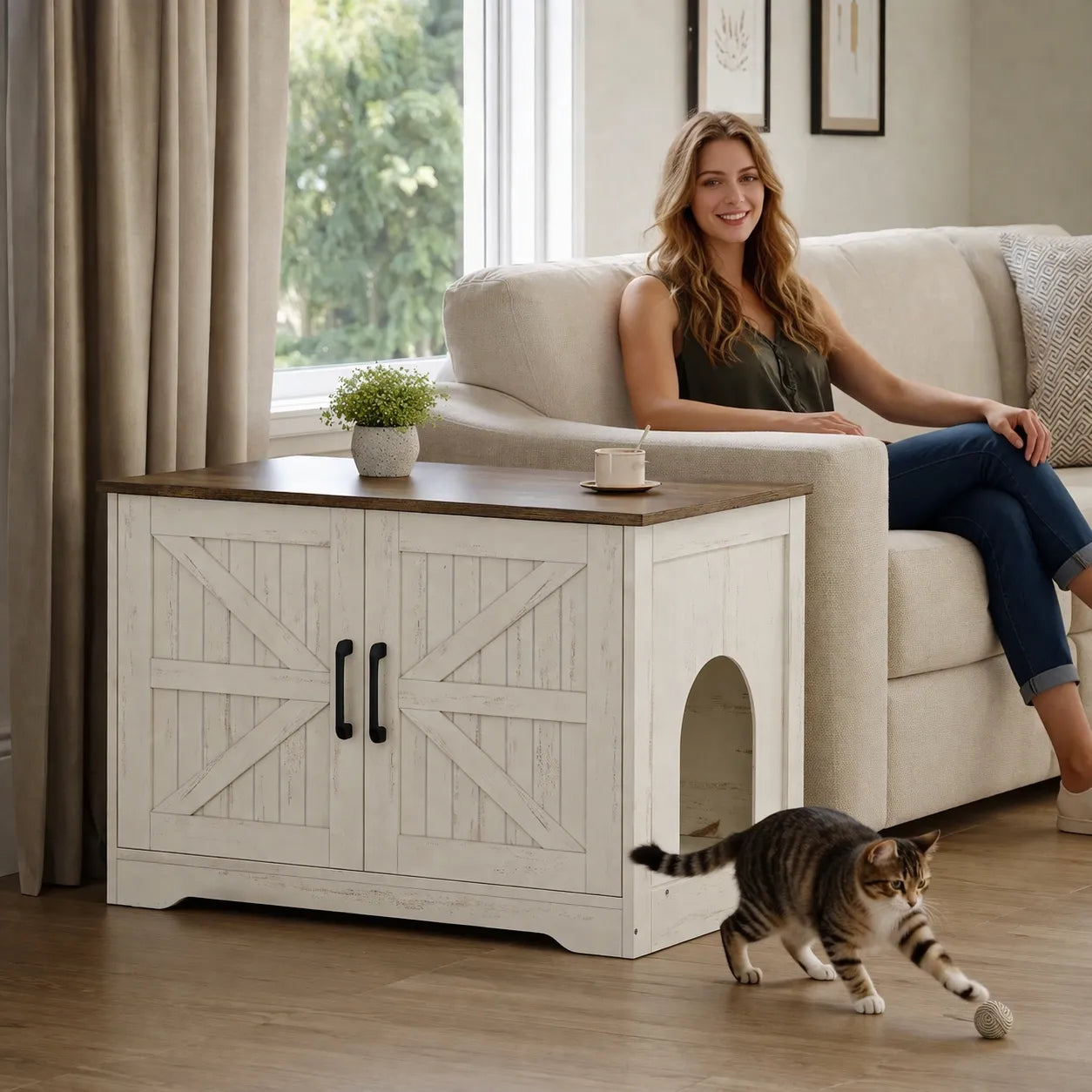 Meuble pour cacher litière - Design élégant et multifonctionnel