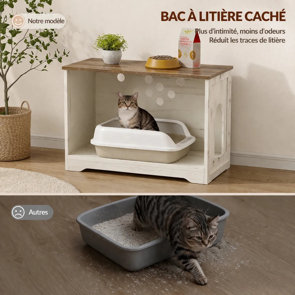 Meuble pour cacher litière - Design élégant et multifonctionnel