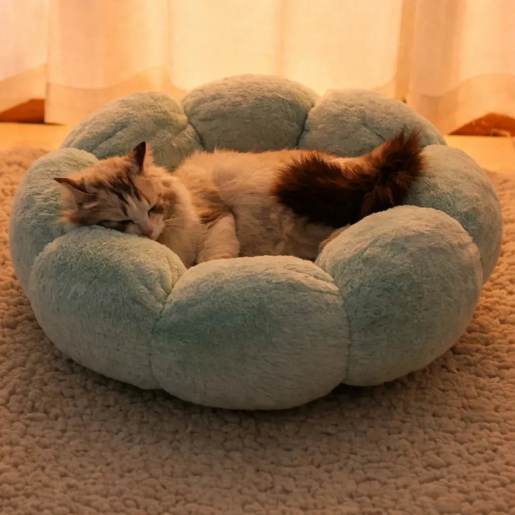 Panier chat fleur coton respirant - Lit rond 2 tailles 4 coloris