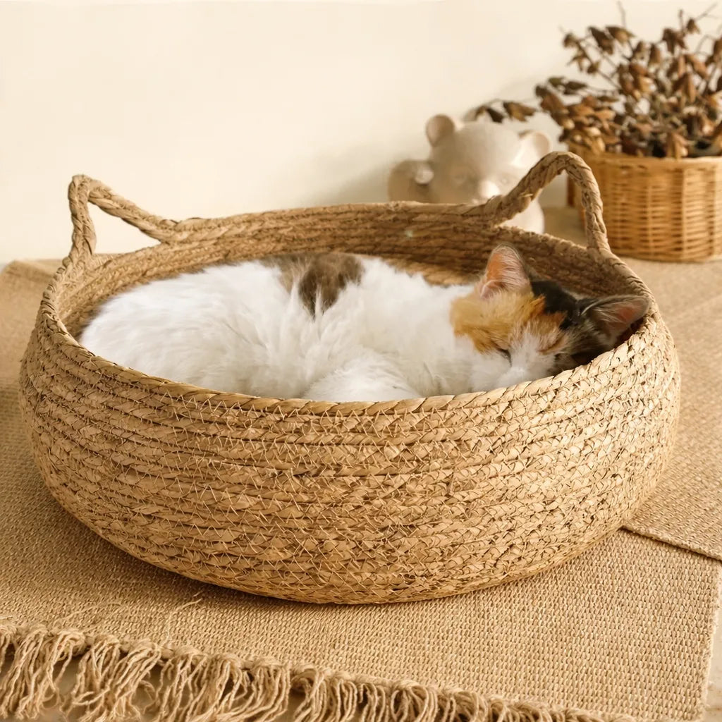 Panier en rotin pour chat - Coussin coton amovible