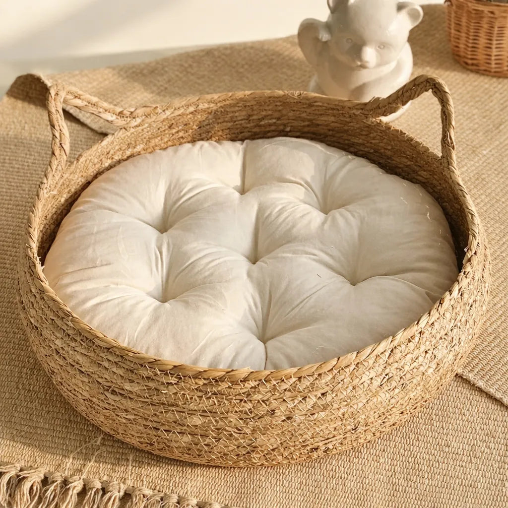 Panier en rotin pour chat - Coussin coton amovible