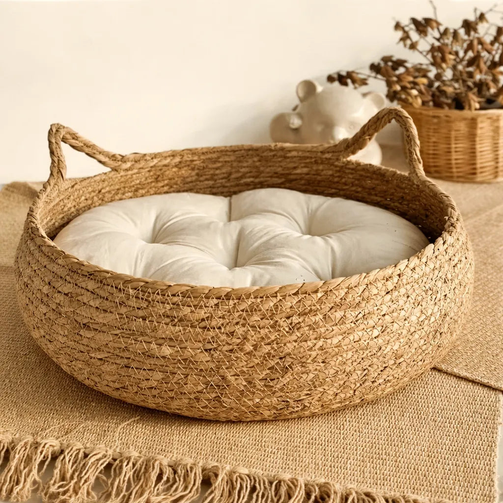 Panier en rotin pour chat - Coussin coton amovible