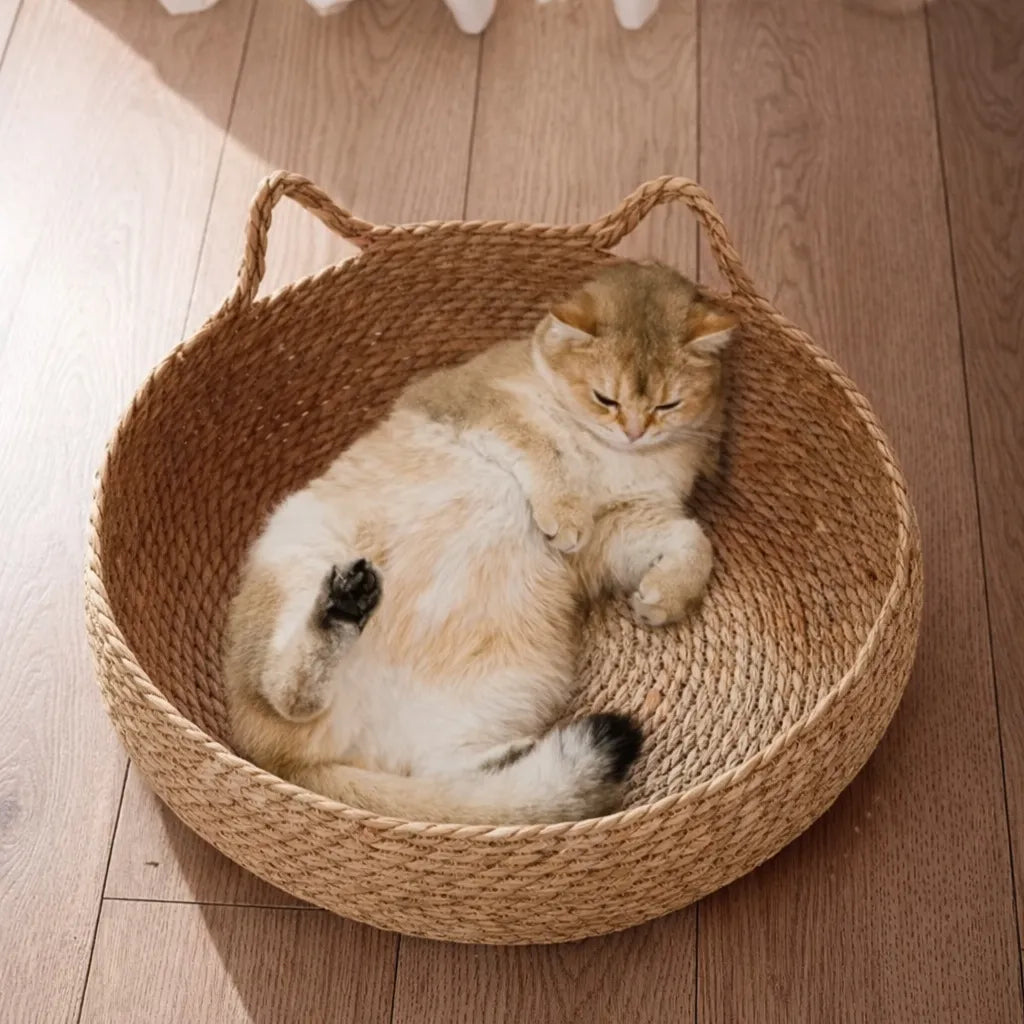 Panier en rotin pour chat - Coussin coton amovible
