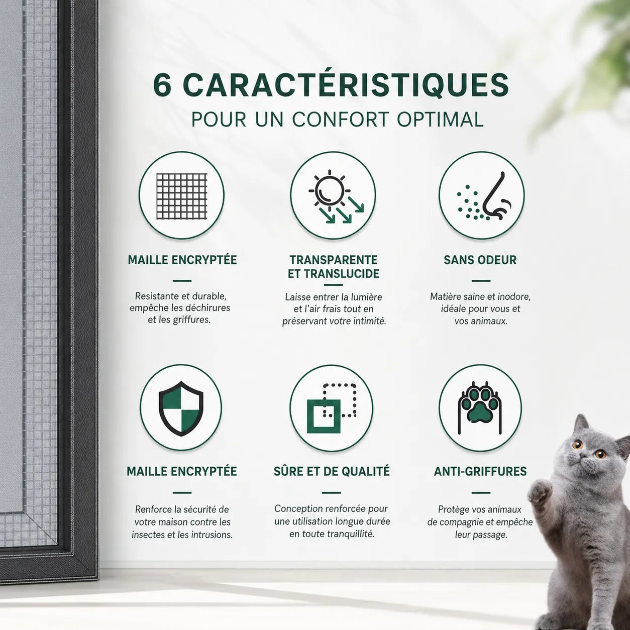 Protection fenêtre pour chats - Maille anti-griffures velcro