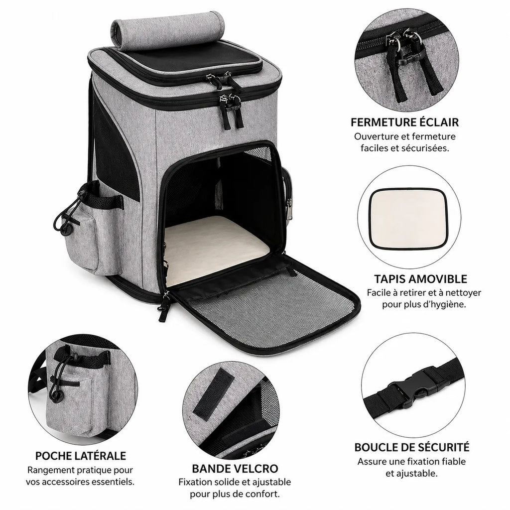 Sac à dos pour chat respirant et extensible - Grande capacité