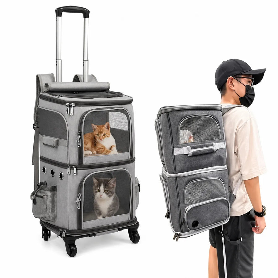 Sac de transport à roulettes pour 2 chats - Double compartiment