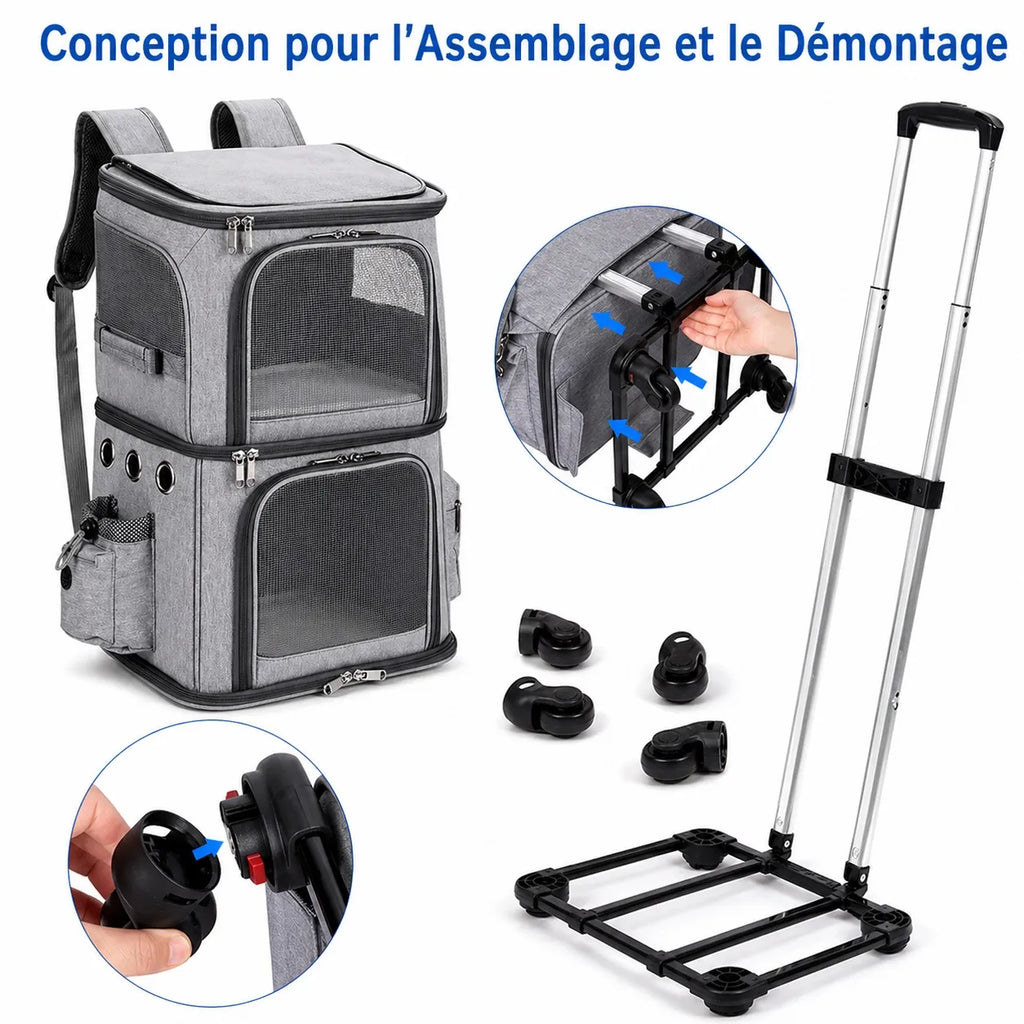 Sac de transport à roulettes pour 2 chats - Double compartiment