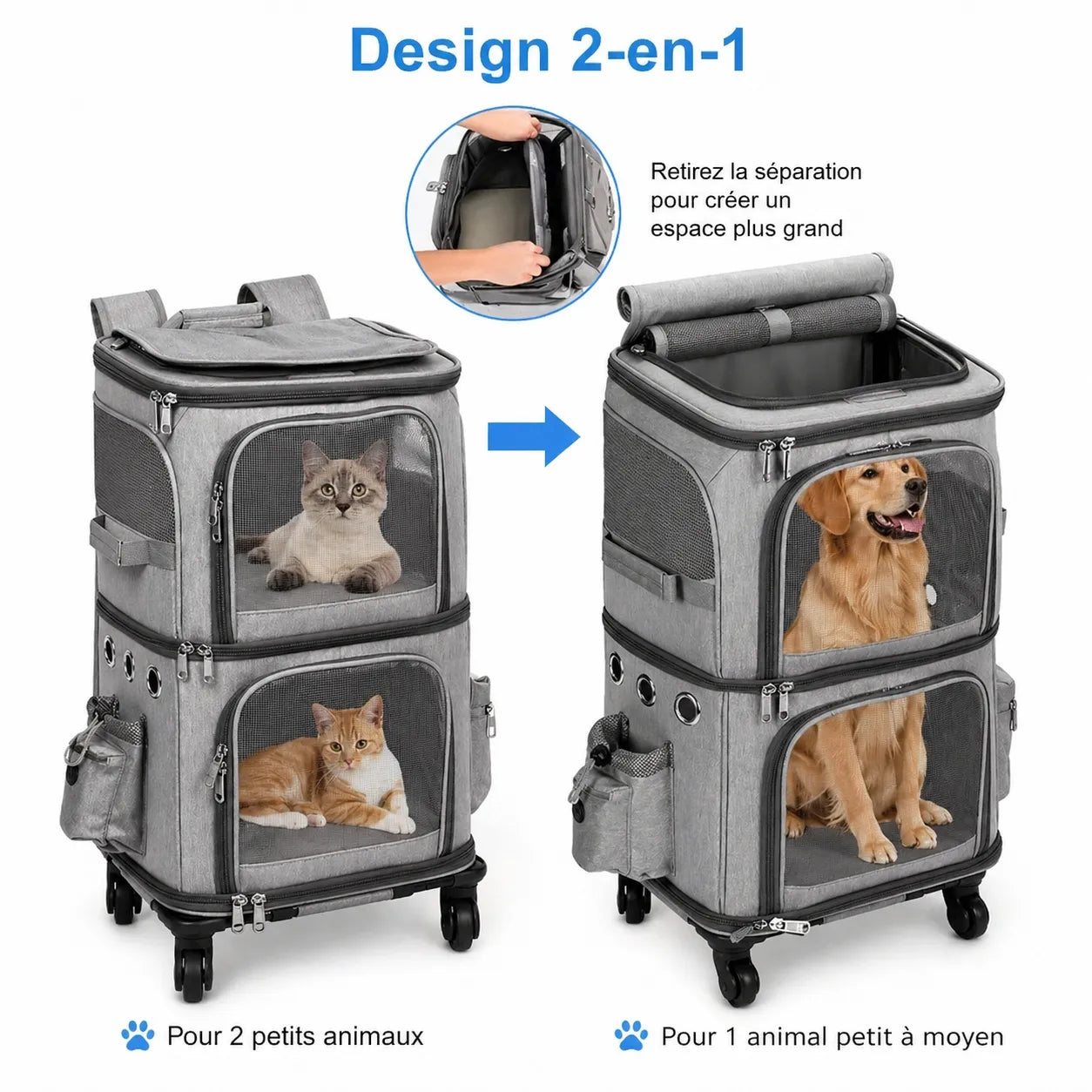 Sac de transport à roulettes pour 2 chats - Double compartiment