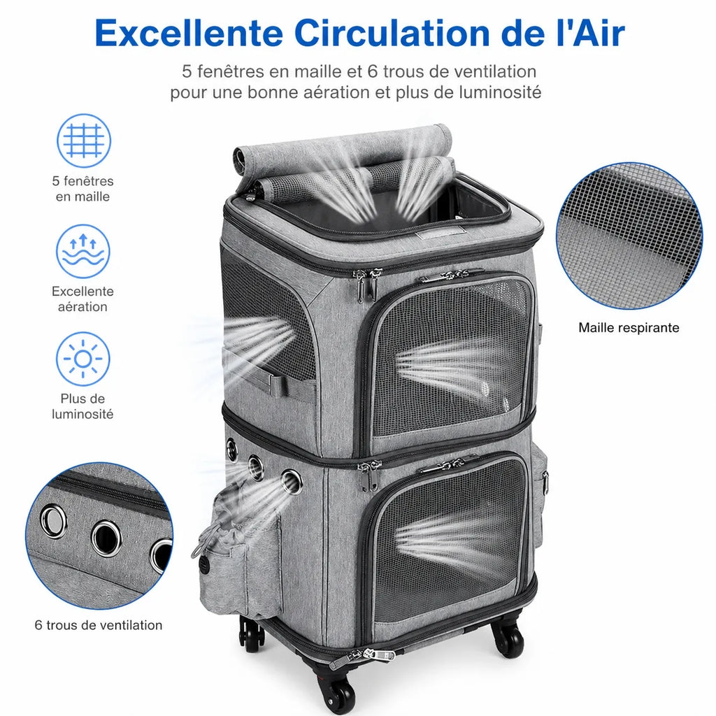 Sac de transport à roulettes pour 2 chats - Double compartiment