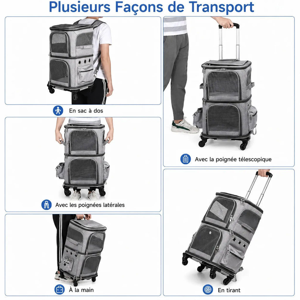 Sac de transport à roulettes pour 2 chats - Double compartiment
