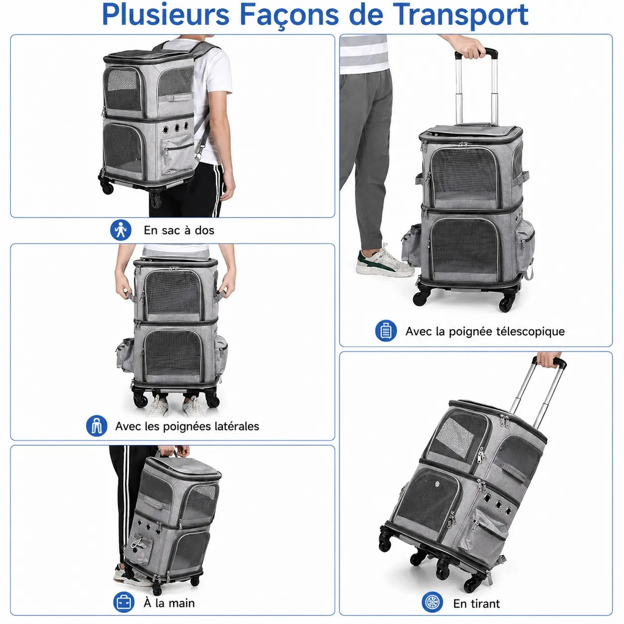 Sac de transport à roulettes pour 2 chats - Double compartiment