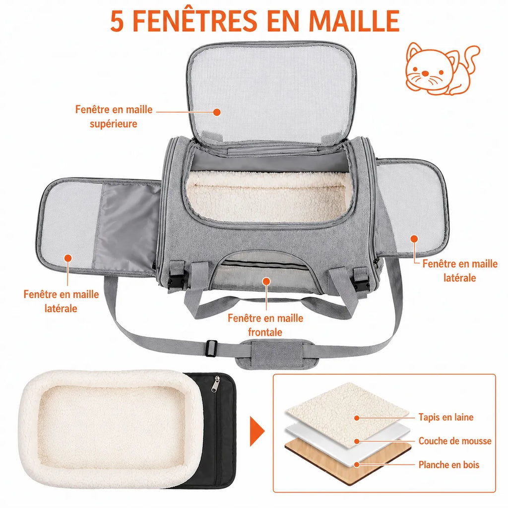 Sac pour transporter chat approuvé avion - 5 fenêtres maille