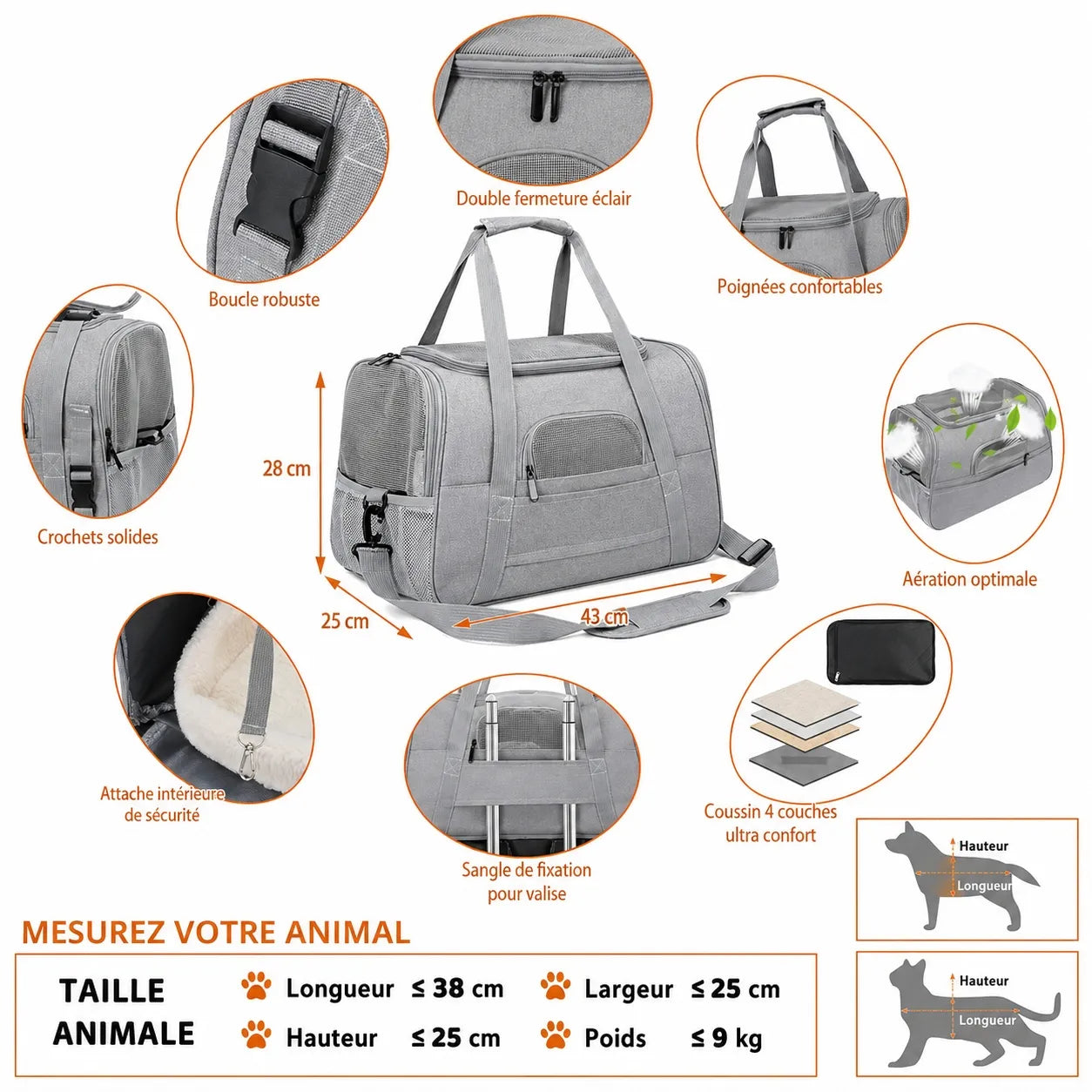 Sac pour transporter chat approuvé avion - 5 fenêtres maille