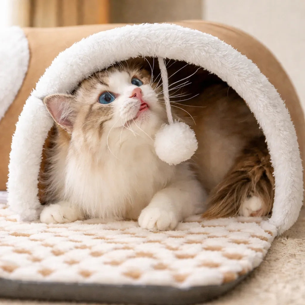 Tunnel à chat 2 en 1 - Jeu repos et stimulation intégrés